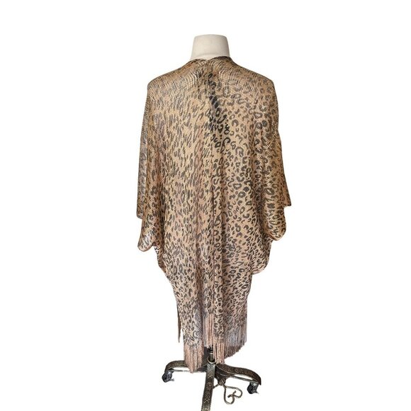 Leopard Pattern Fringe Kimono, Wrap, Cardigan, Swim Cover-up - Picture 6 of 8